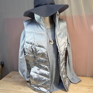Lands End Down Filled Silver Puffer Vest- Front Zip, Side Pockets- High Collar